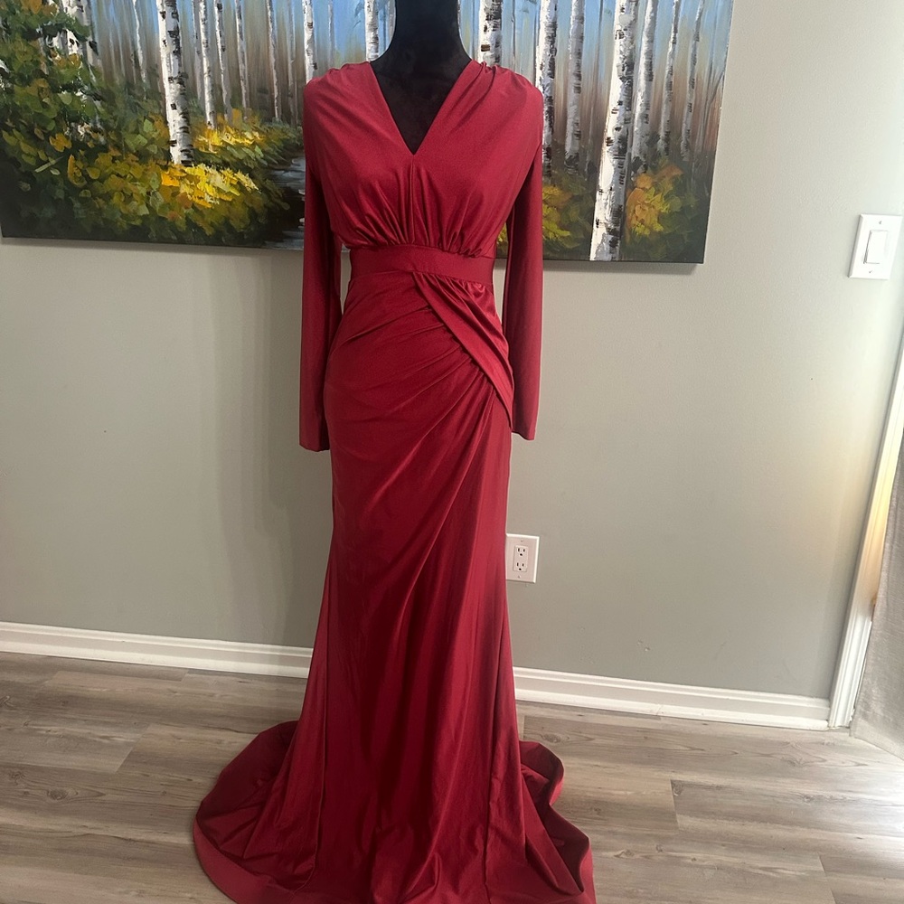 May Queen Burgundy Long-Sleeve Draped V-Neck Gown